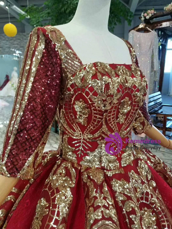 Shop 2019 Long & Short Red And Gold Sequins Square Neck Short Sleeve Backless Wedding Dress With Factory Price From Kemedress