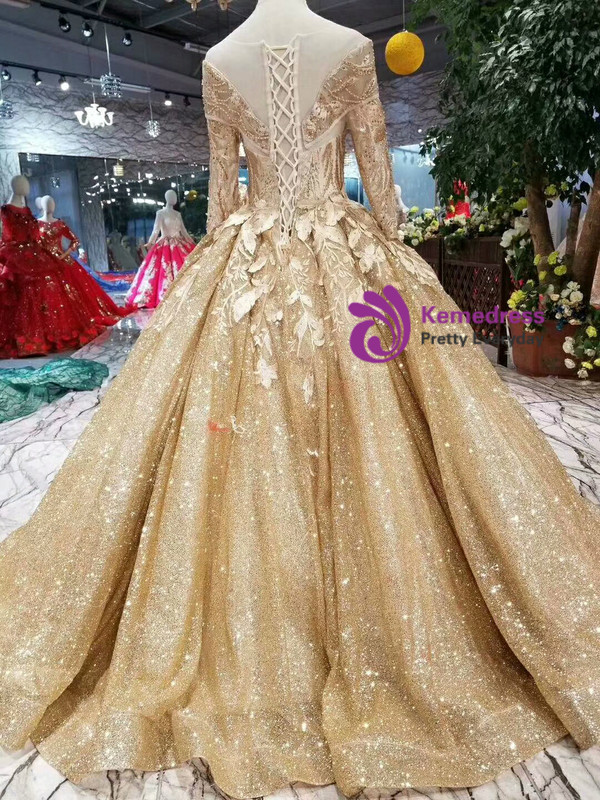 Shop 2019 Long & Short Gold Ball Gown Sequins Appliques Bateau Long Sleeve Wedding Dress With Factory Price From Kemedress