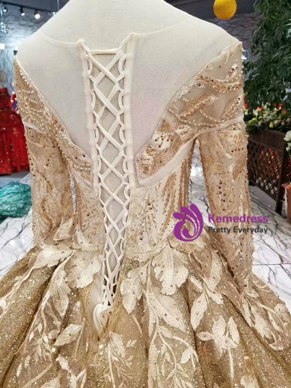 Shop 2019 Long & Short Gold Ball Gown Sequins Appliques Bateau Long Sleeve Wedding Dress With Factory Price From Kemedress