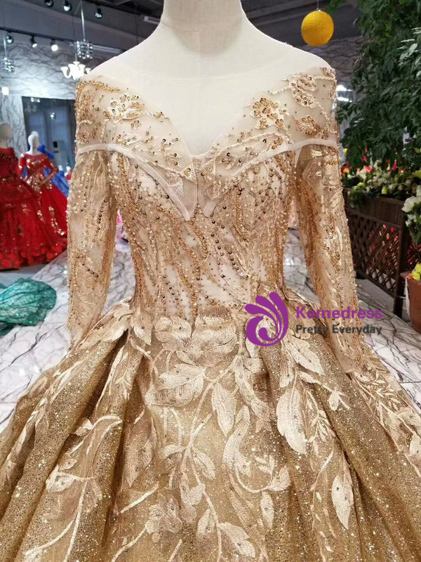 Shop 2019 Long & Short Gold Ball Gown Sequins Appliques Bateau Long Sleeve Wedding Dress With Factory Price From Kemedress