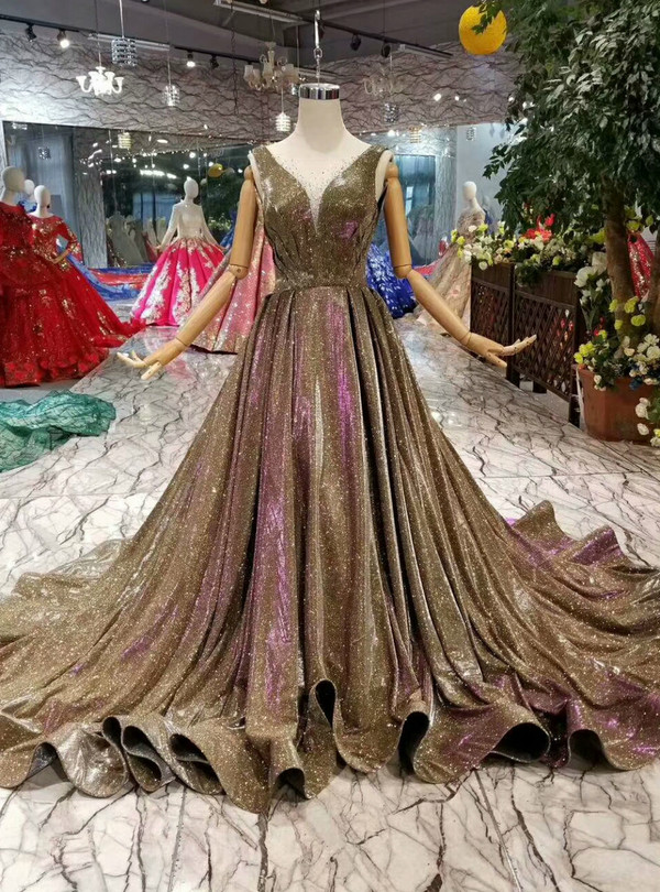 Shop 2019 Long & Short Gold Ball Gown Purple Sequins Bateau Backless Pleats Wedding Dress With Factory Price From Kemedress