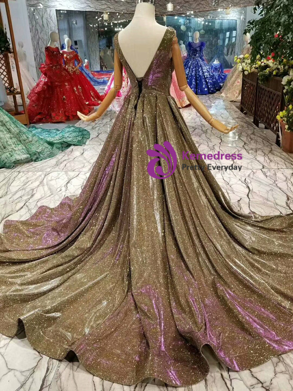 Shop 2019 Long & Short Gold Ball Gown Purple Sequins Bateau Backless Pleats Wedding Dress With Factory Price From Kemedress