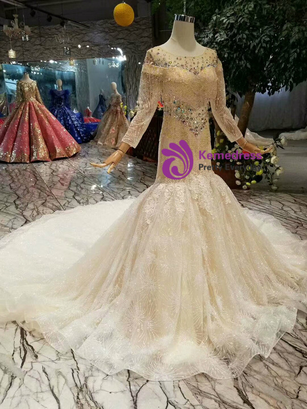 Shop 2019 Long & Short Champagne Mermaid Tulle Sequins Long Sleeve Wedding Dress With Beading With Factory Price From Kemedress