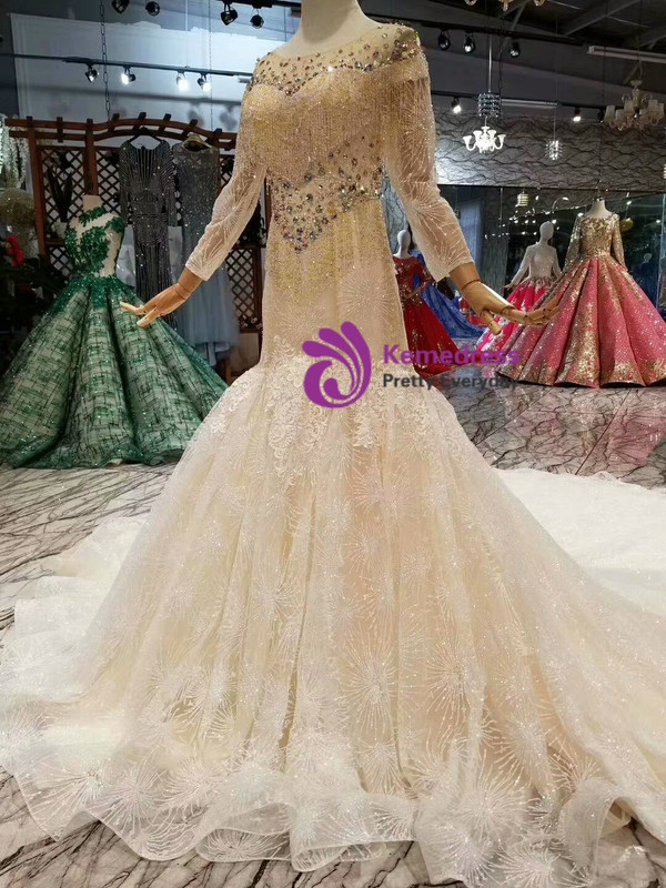 Shop 2019 Long & Short Champagne Mermaid Tulle Sequins Long Sleeve Wedding Dress With Beading With Factory Price From Kemedress