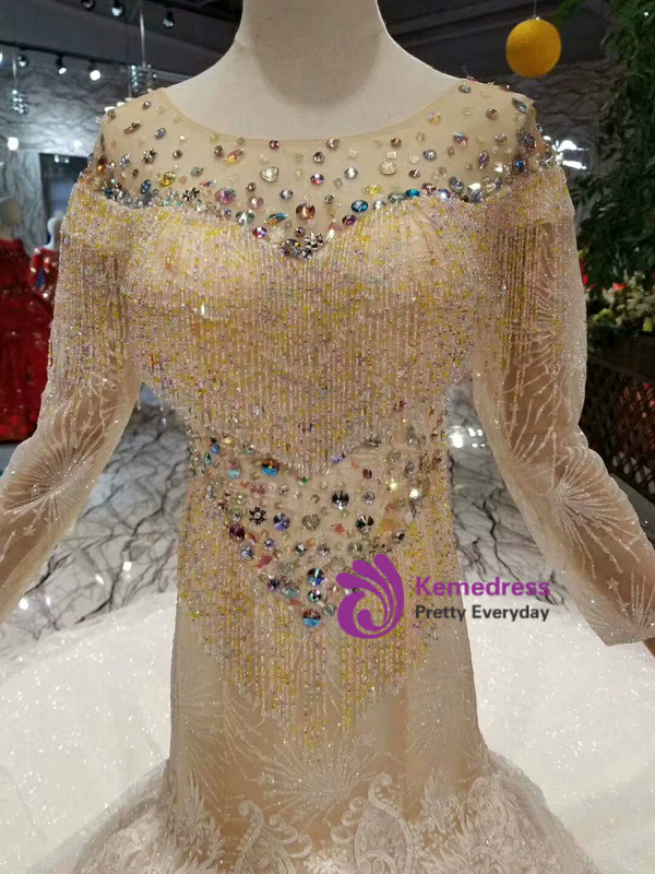Shop 2019 Long & Short Champagne Mermaid Tulle Sequins Long Sleeve Wedding Dress With Beading With Factory Price From Kemedress