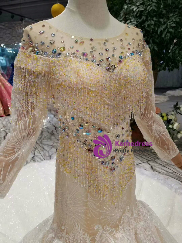 Shop 2019 Long & Short Champagne Mermaid Tulle Sequins Long Sleeve Wedding Dress With Beading With Factory Price From Kemedress
