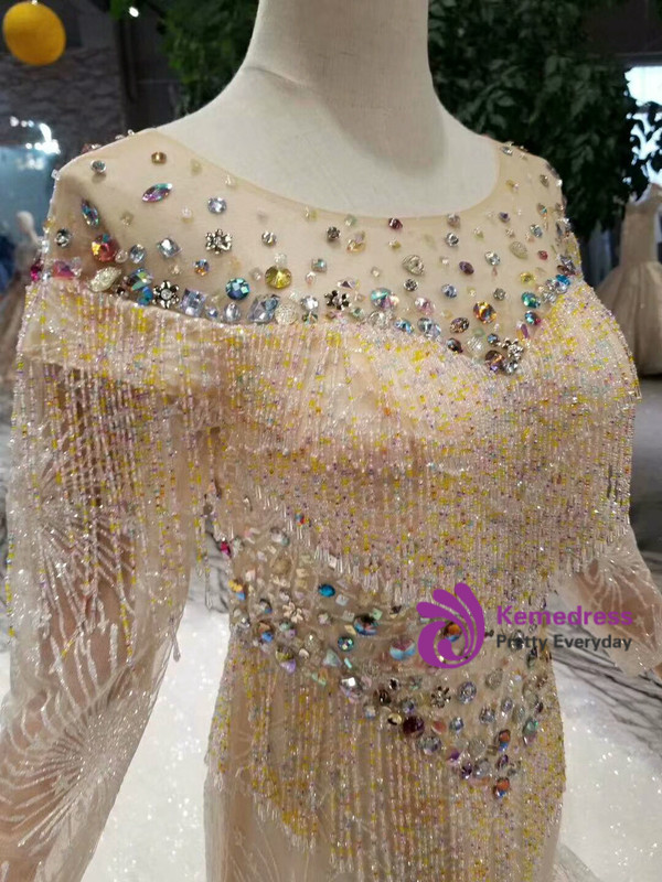 Shop 2019 Long & Short Champagne Mermaid Tulle Sequins Long Sleeve Wedding Dress With Beading With Factory Price From Kemedress