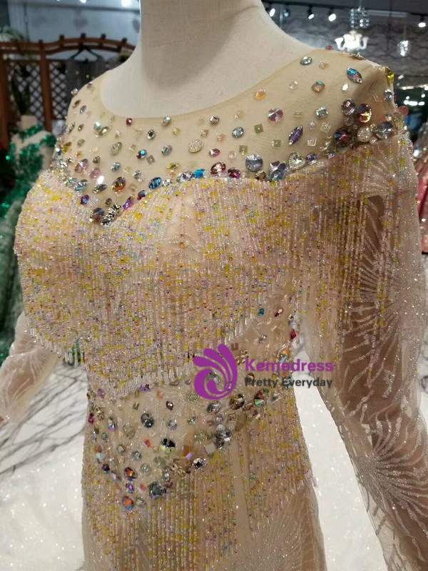 Shop 2019 Long & Short Champagne Mermaid Tulle Sequins Long Sleeve Wedding Dress With Beading With Factory Price From Kemedress