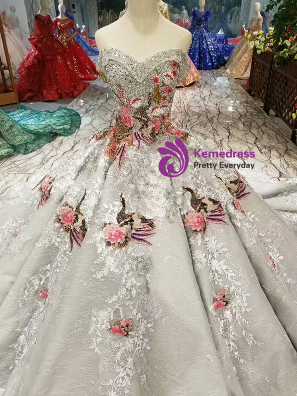 Shop 2019 Long & Short Gray Ball Gown Tulle Lace Embroidery Appliques Off The Shoulder Wedding Dress With Factory Price From Kemedress