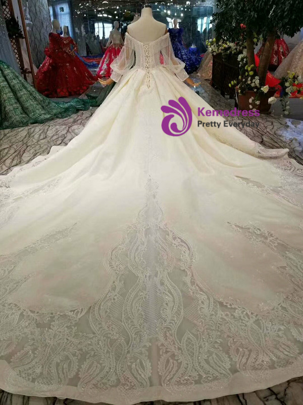 Shop 2019 Long & Short Champagne Ball Gown Satin Lace Off The Shoulder Long Sleeve Wedding Dress With Train With Factory Price From Kemedress