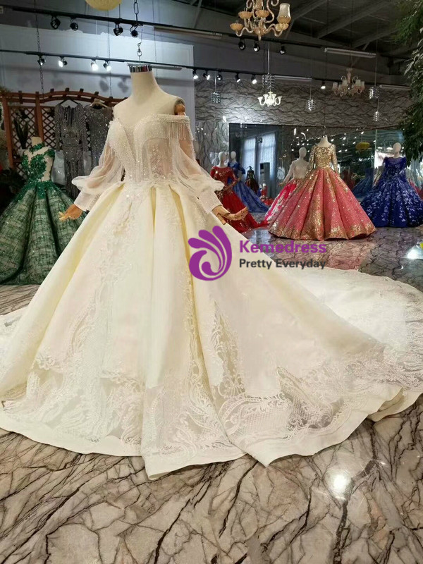 Shop 2019 Long & Short Champagne Ball Gown Satin Lace Off The Shoulder Long Sleeve Wedding Dress With Train With Factory Price From Kemedress