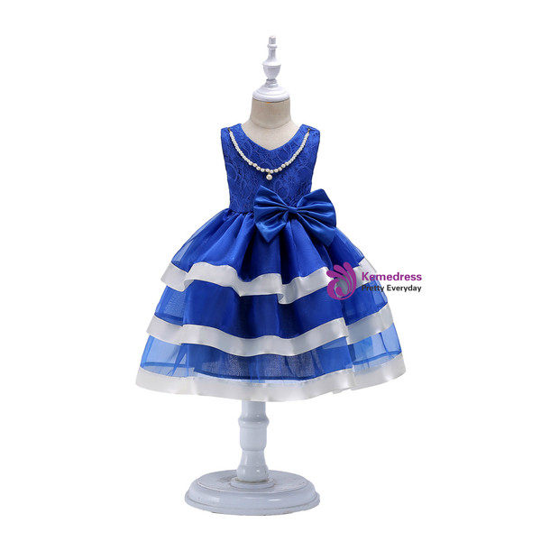 Shop 2019 Long & Short In Stock:Ship in 48 Hours Royal Blue Organza Flower Girl Dress With Bow With Factory Price From Kemedress