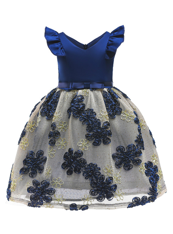 Shop 2019 Long & Short In Stock:Ship in 48 Hours Blue Satin V-neck Short Flower Girl Dress With Bow With Factory Price From Kemedress