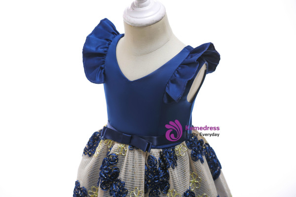 Shop 2019 Long & Short In Stock:Ship in 48 Hours Blue Satin V-neck Short Flower Girl Dress With Bow With Factory Price From Kemedress