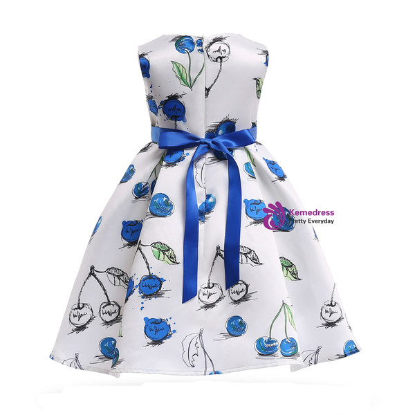 Shop 2019 Long & Short  In Stock:Ship in 48 Hours Blue White Cherry Print Flower Girl Dress With Factory Price From Kemedress