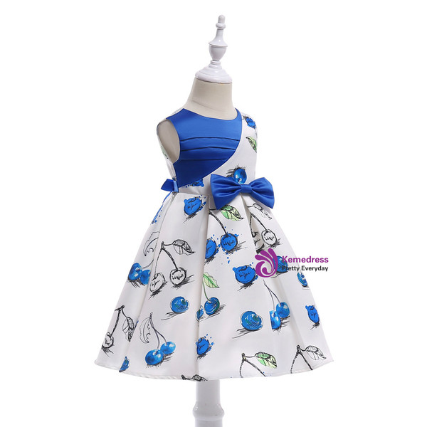 Shop 2019 Long & Short  In Stock:Ship in 48 Hours Blue White Cherry Print Flower Girl Dress With Factory Price From Kemedress