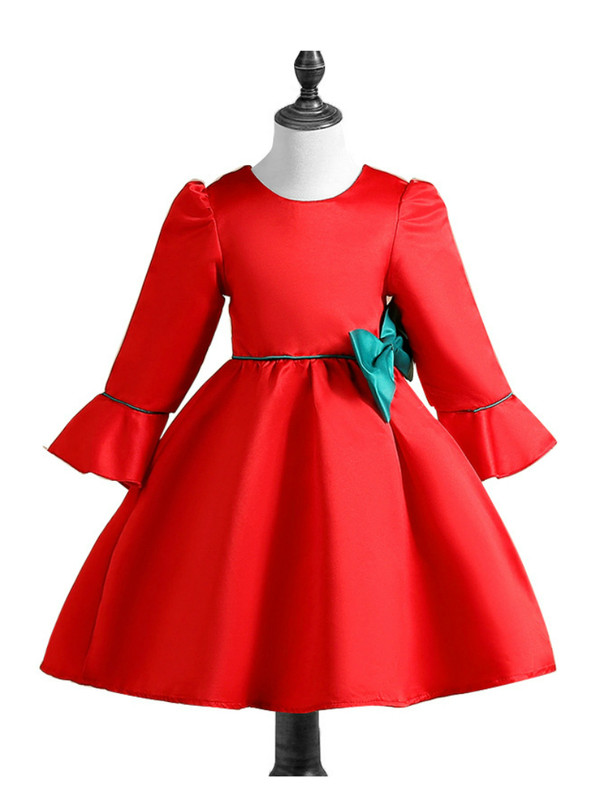 Shop 2019 Long & Short In Stock:Ship in 48 Hours Red Satin Long Sleeve Flower Girl Dress With Bow With Factory Price From Kemedress