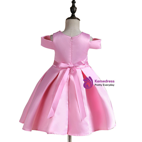 Shop 2019 Long & Short  In Stock:Ship in 48 Hours Pink Satin Appliques Flower Girl Dress With Factory Price From Kemedress
