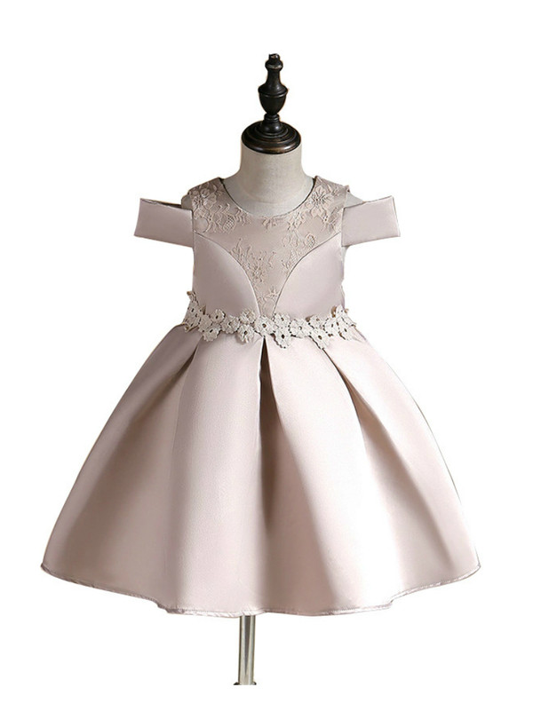 Shop 2019 Long & Short  In Stock:Ship in 48 Hours Khaki Satin Appliques Flower Girl Dress With Factory Price From Kemedress