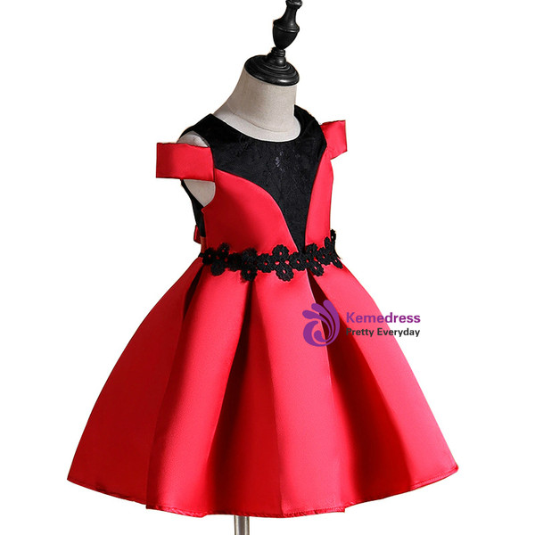 Shop 2019 Long & Short  In Stock:Ship in 48 Hours Red Satin Appliques Flower Girl Dress With Factory Price From Kemedress