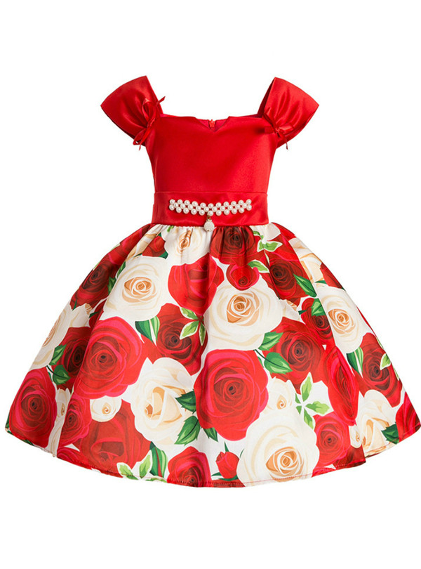 Shop 2019 Long & Short In Stock:Ship in 48 Hours Red Satin Print Flower Girl Dress With Pearls With Factory Price From Kemedress