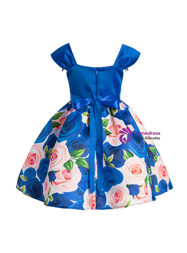 Shop 2019 Long & Short In Stock:Ship in 48 Hours Blue Satin Print Flower Girl Dress With Pearls With Factory Price From Kemedress