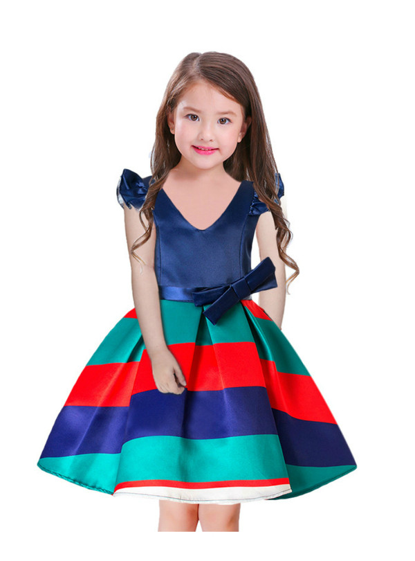 Shop 2019 Long & Short In Stock:Ship in 48 Hours Small Fly Sleeve V Neck Stripe Girl Dress With Factory Price From Kemedress