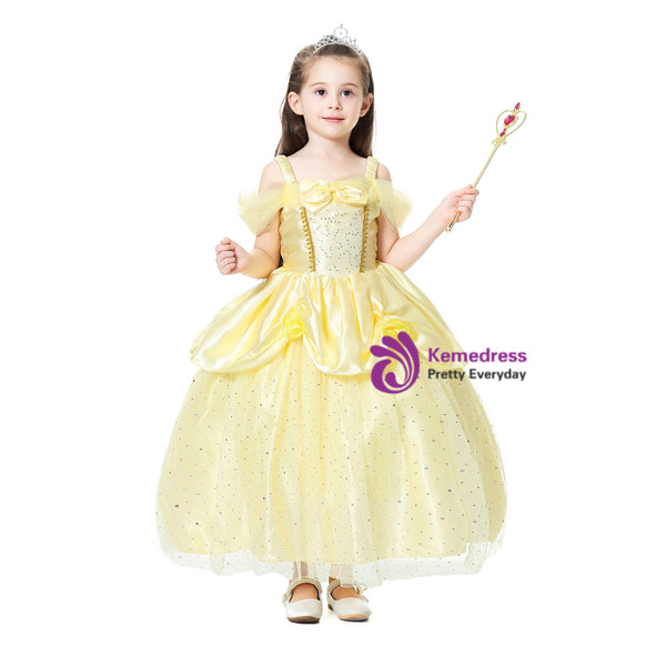 Shop 2019 Long & Short In Stock:Ship in 48 Hours Yellow Tulle Straps Belle Princess Dress With Factory Price From Kemedress