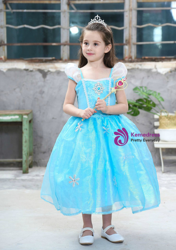 Shop 2019 Long & Short In Stock:Ship in 48 Hours Blue Organza Cap Sleeve Princess Frozen Dress With Factory Price From Kemedress