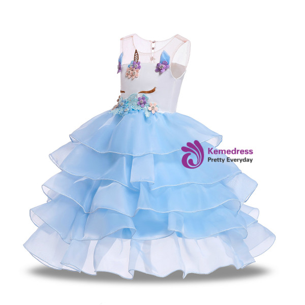 Shop 2019 Long & Short In Stock:Ship in 48 Hours Blue Organza Appliques Unicorn Princess Dress With Factory Price From Kemedress