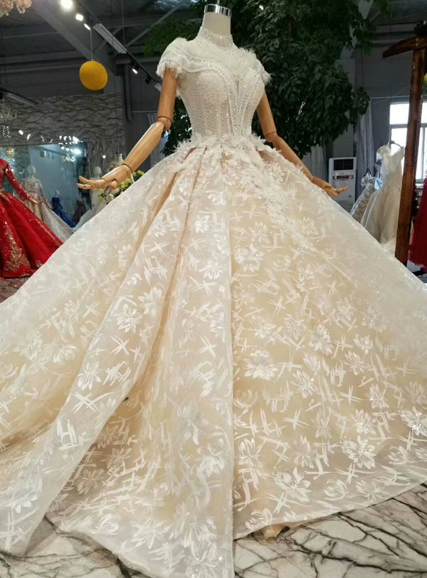 Shop 2019 Long & Short Champagne Ball Gown Lace Tulle Off The Shoulder Wedding Dress With Train With Factory Price From Kemedress