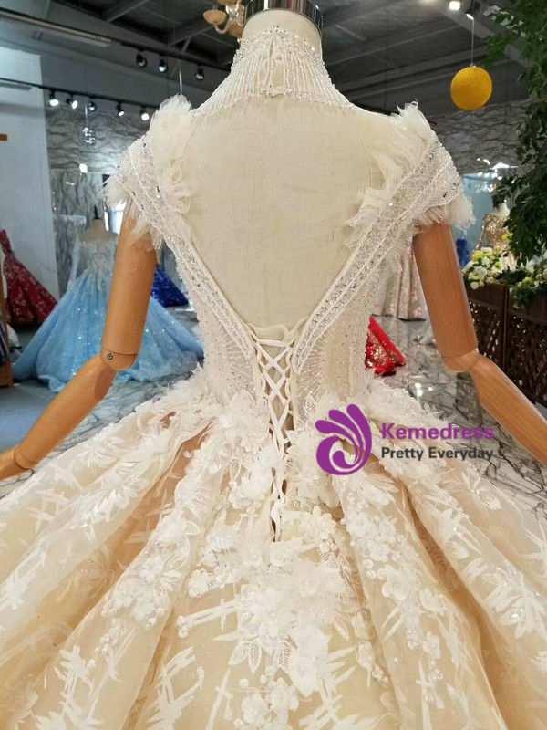 Shop 2019 Long & Short Champagne Ball Gown Lace Tulle Off The Shoulder Wedding Dress With Train With Factory Price From Kemedress