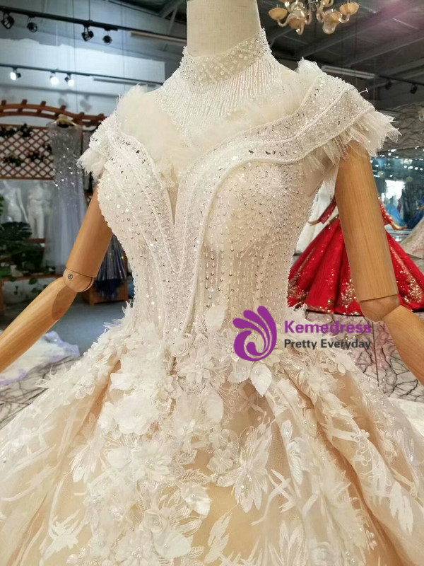 Shop 2019 Long & Short Champagne Ball Gown Lace Tulle Off The Shoulder Wedding Dress With Train With Factory Price From Kemedress