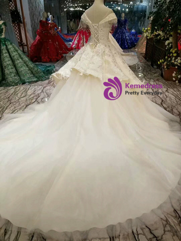 Shop 2019 Long & Short Champagne Ball Gown Tulle Appliques Bateau Cap Sleeve Wedding Dress With Factory Price From Kemedress