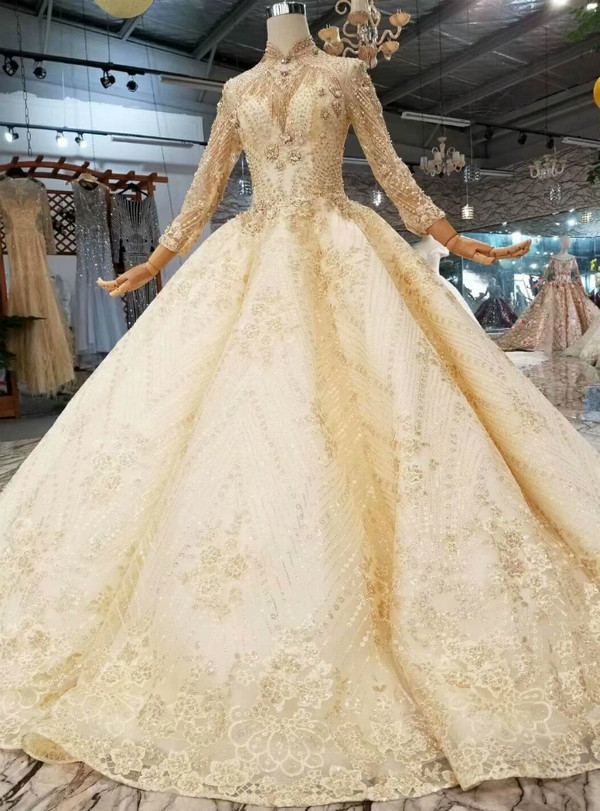 Shop 2019 Long & Short Champagne Ball Gown Lace High Neck Backless Long Sleeve Wedding Dress With Factory Price From Kemedress