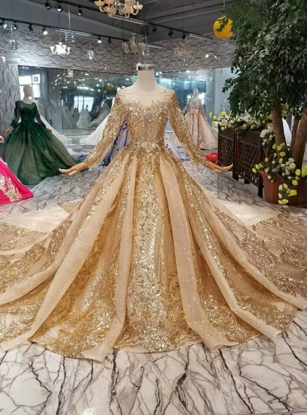 Shop 2019 Long & Short Champagne Gold Tulle Sequins Bateau Long Sleeve Crystal Wedding Dress With Train With Factory Price From Kemedress