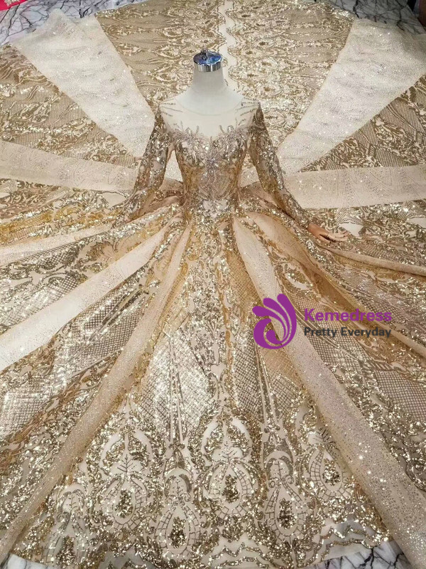 Shop 2019 Long & Short Champagne Gold Tulle Sequins Bateau Long Sleeve Crystal Wedding Dress With Train With Factory Price From Kemedress