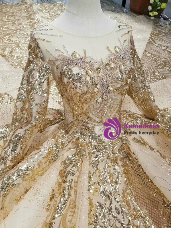 Shop 2019 Long & Short Champagne Gold Tulle Sequins Bateau Long Sleeve Crystal Wedding Dress With Train With Factory Price From Kemedress