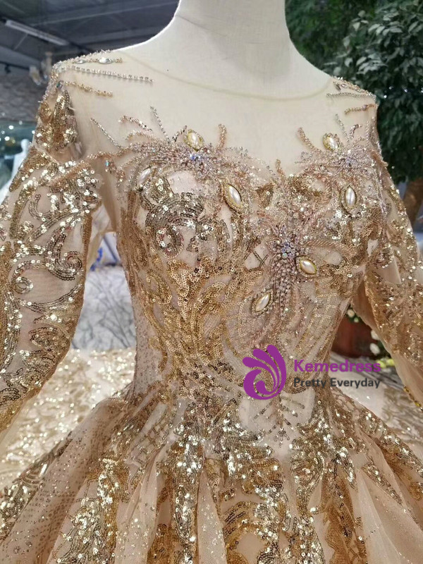Shop 2019 Long & Short Champagne Gold Tulle Sequins Bateau Long Sleeve Crystal Wedding Dress With Train With Factory Price From Kemedress