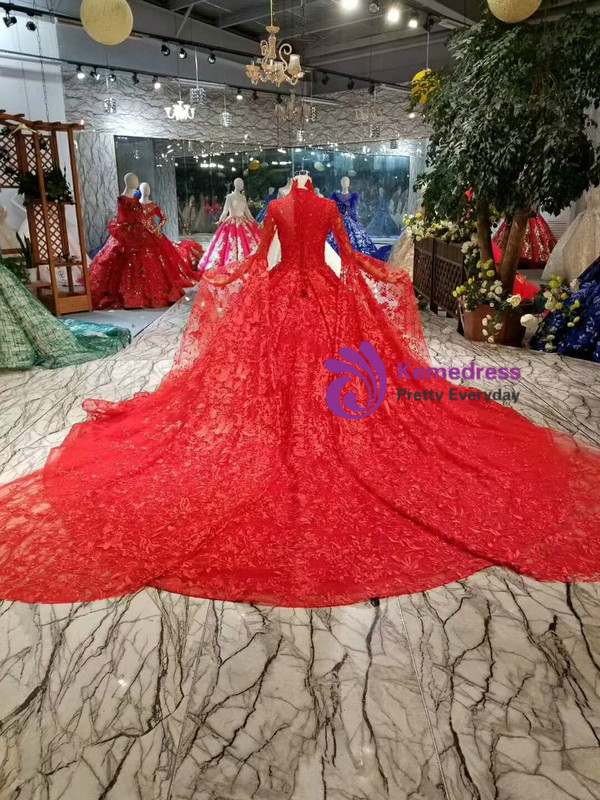 Shop 2019 Long & Short Red Ball Gown Lace Long Sleeve High Neck Wedding Dress With Long Train With Factory Price From Kemedress