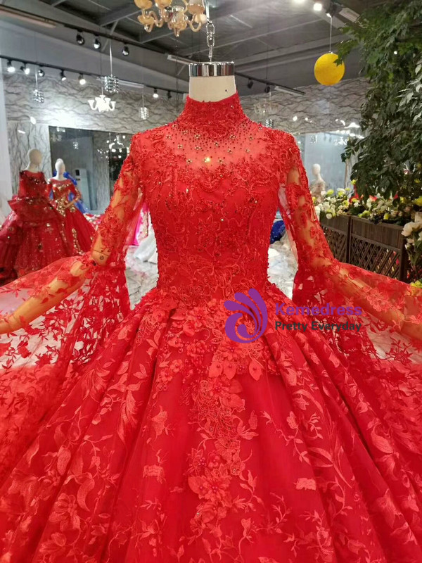 Shop 2019 Long & Short Red Ball Gown Lace Long Sleeve High Neck Wedding Dress With Long Train With Factory Price From Kemedress