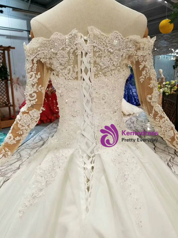Shop 2019 Long & Short White Ball Gown Tulle Appliques Off The Shoulder Wedding Dress With Beading With Factory Price From Kemedress