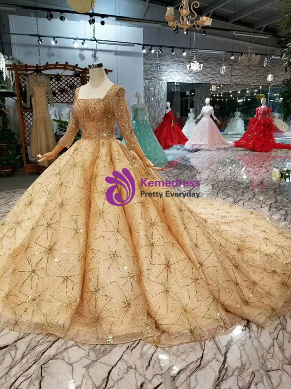 Shop 2019 Long & Short Champagne Tulle Sequins Square Long Sleeve Beading Wedding Dress With Long Train With Factory Price From Kemedress
