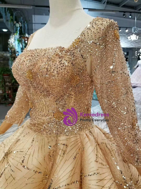 Shop 2019 Long & Short Champagne Tulle Sequins Square Long Sleeve Beading Wedding Dress With Long Train With Factory Price From Kemedress