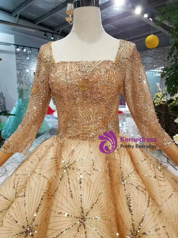 Shop 2019 Long & Short Champagne Tulle Sequins Square Long Sleeve Beading Wedding Dress With Long Train With Factory Price From Kemedress