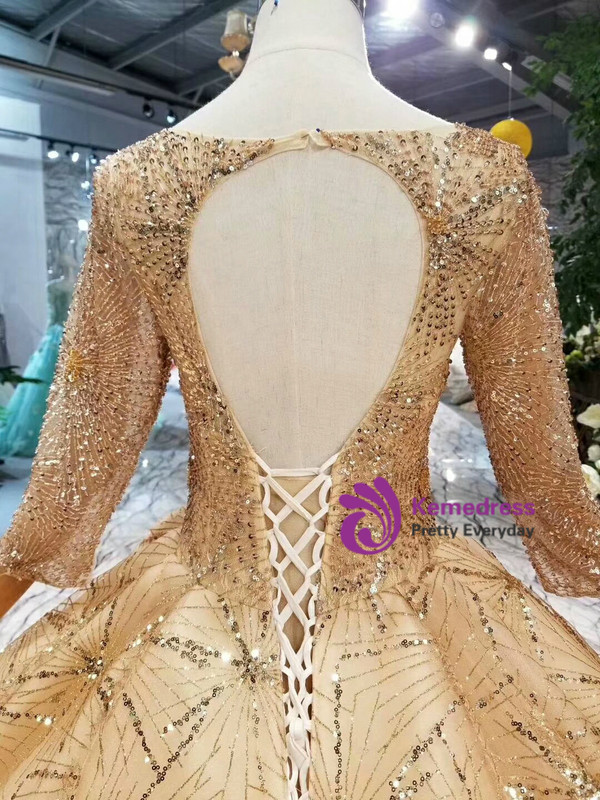 Shop 2019 Long & Short Champagne Tulle Sequins Square Long Sleeve Beading Wedding Dress With Long Train With Factory Price From Kemedress