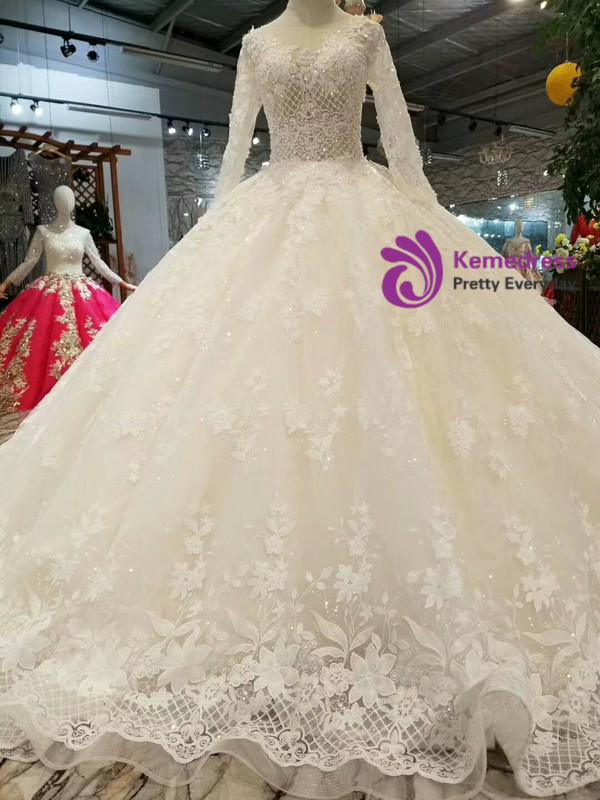 Shop 2019 Long & Short Champagne Ball Gown Lace Appliques Long Sleeve Beading Wedding Dress With Train With Factory Price From Kemedress