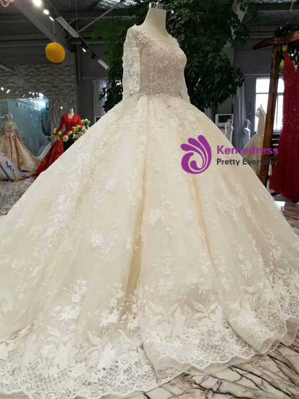 Shop 2019 Long & Short Champagne Ball Gown Lace Appliques Long Sleeve Beading Wedding Dress With Train With Factory Price From Kemedress