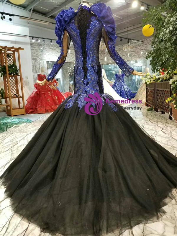 Shop 2019 Long & Short Mermaid Black Tulle And Blue Beading Appliques Long Sleeve With Removable Shoulder Ornament With Factory Price From Kemedress