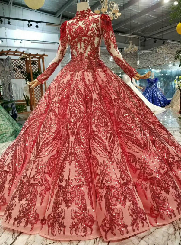 Shop 2019 Long & Short Red Ball Gown Sequins High Neck Long Sleeve Beading Wedding Dress With Removable Shoulder Ornament With Factory Price From Kemedress